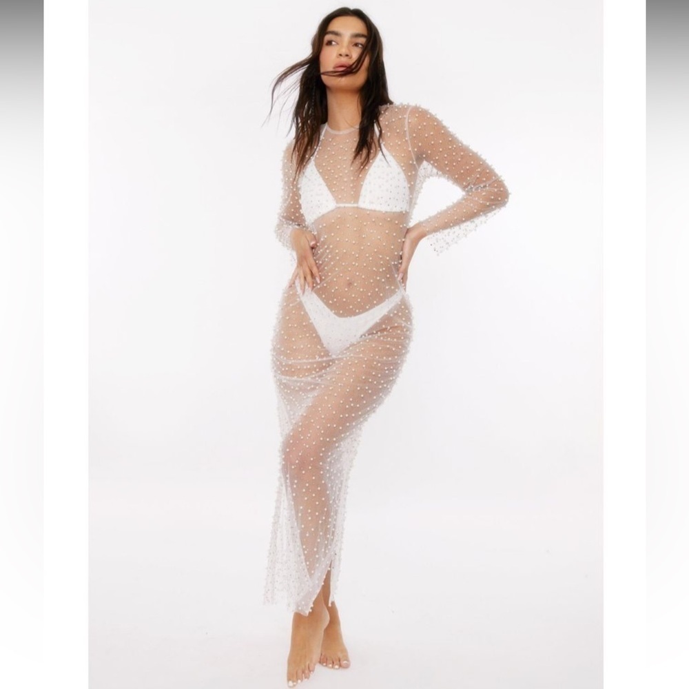 Nasty Gal Pearl Mesh Long Sleeve Maxi Cover Up Dress White NWT